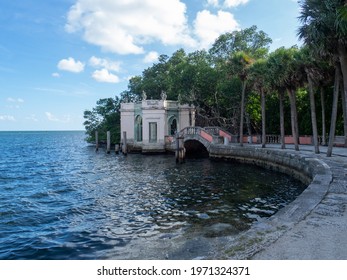 Miami, Florida - October 14 2019: The harbour of the Villa Vizcaya. This is the former villa and estate of businessman James Deering, built in Coconut Grove neighborhood of Miami
