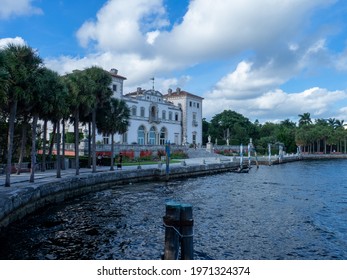 Miami, Florida - October 14 2019: The harbour of the Villa Vizcaya. This is the former villa and estate of businessman James Deering, built in Coconut Grove neighborhood of Miami