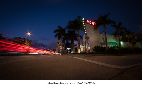 MIAMI, FLORIDA - OCTOBER 15, 2018: Busy traffic outside the vintage Vagabond Motel 
