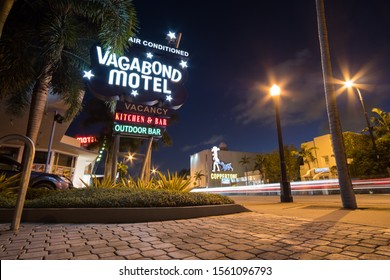 MIAMI, FLORIDA - OCTOBER 15. 2018: Busy traffic outside the vintage Vagabond Motel