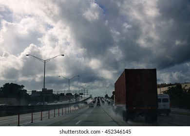 Miami Florida Rainy Driving Road With Trucks Traffic