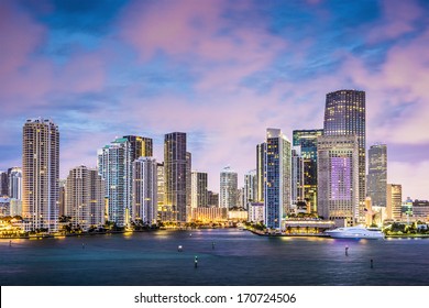 Miami, Florida skyline at Brickell Key and Miami River.