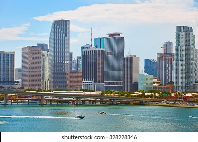 Miami Florida; Skyline Of Downtown Colorful Skyscraper Buildings