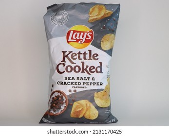 MIAMI, FLORIDA USA - 02-24-2022 
Isolated Bag Of Lays Kettle Cooked Chips Against White Background.