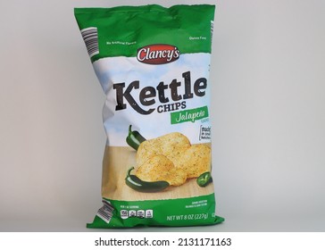 MIAMI, FLORIDA USA - 02-24-2022 
Isolated Bag Of Clancys Kettle Cooked Chips Against White Background.