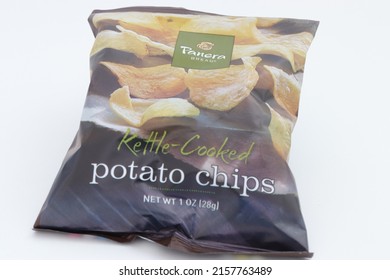 MIAMI, FLORIDA USA - 05-16-2022 Isolated Bag Of Panera Kettle Cooked Potato Chips Against White Background.