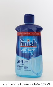 MIAMI, FLORIDA USA - 05-31-2022
Finish Dishwasher Rinse Aid Isolated Against White Backdrop.