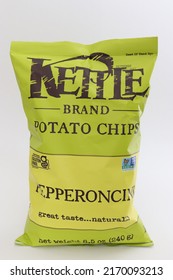 MIAMI, FLORIDA USA - 06-10-2022
Bag Of Kettle Brand Pepperoncini Potato Chips Isolated Against White Background.