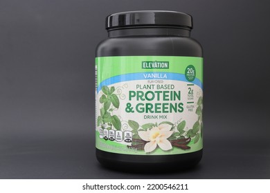 MIAMI, FLORIDA USA - 09-01-2022
Container Of Elevation Plant Based Protein Drink Mix Against Dark Background.