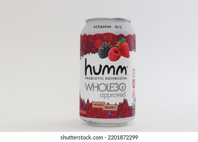 MIAMI, FLORIDA USA - 09-14-2022
Single Can Of Humm Mixed Berry Kombucha Isolated Against White Background.