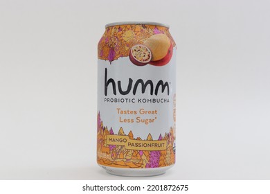 MIAMI, FLORIDA USA - 09-14-2022
Single Can Of Humm Mango Passions Fruit Kombucha Isolated Against White Background.