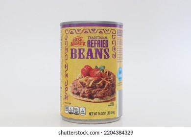 MIAMI, FLORIDA USA - 09-17-2022
Single Can Of Casa Mamita Refried Beans Isolated Against White Background.