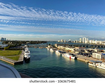 MIAMI, FLORIDA, USA —JANUARY 2018: Scenic view of Miami port with skyscrapers and beautiful clouds over Miami, Florida. 
