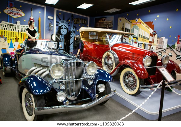 MIAMI, FLORIDA /USA - APRIL 11 2016: Miami Auto\
Museum exhibits a collection of vintage and cinema automobiles,\
bicycles and motorcycles on April 11, 2016 in Miami, Florida,\
USA
