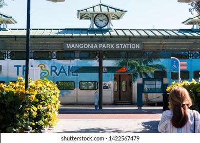 Miami, Florida/ USA -April 15 2019 Front View Of Tri Rail Blue Train On Platform At Mangonia Park Station In West Palm Beach, United States.  