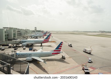 Miami, Florida, USA, August 23 2021, American Airlines Planes In Line Stopped In Miami International Airport Boarding Area