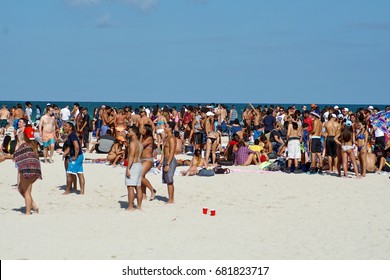 MIAMI, FLORIDA, USA - CIRCA MARCH 2016: Spring Break Visitors On South Beach