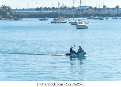 Miami, Florida / USA - December 19 2018: Skyline Of Miami Seem During Boat Tour. We Can See Many Skyscrapers Above The Sea Level Pointing To The Sky. Boat Tour Is One Of The Must Do Thing In Miami