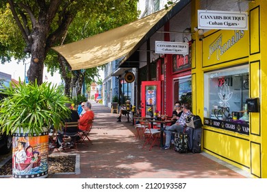 Miami, Florida USA - February 1, 2022: Cityscape scene along popular Calle Ocho in historic Little Havana with cigar shops and restaurants.