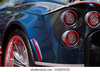 Miami, Florida USA - February 20, 2022: Close up view of a exotic Italian Pagani Huayra Roadster supercar on display at the public Miami Concours car show in the upscale Design District.