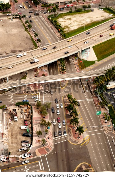 Miami, Florida, USA. January 04 2016.\
View from above of roads junction in Miami\
downtown.
