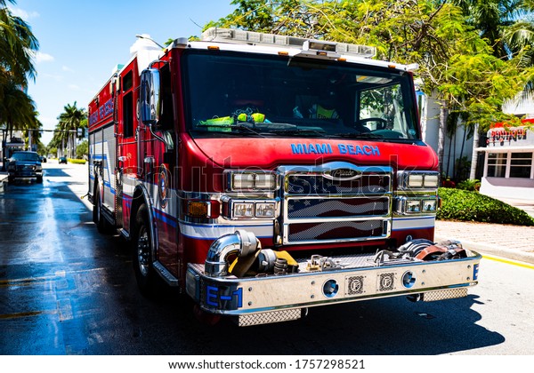 Miami, Florida, USA - JUNE 2020: Miami Beach Fire\
rescue car truck. Firefighters with engine fire truck. Natural\
Disaster concept