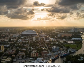 MIAMI, FLORIDA, USA - SEPTEMBER 15, 2018: Aerial Drone Photo Of Marlins Park Stadium At Sunset LoanDepot Park