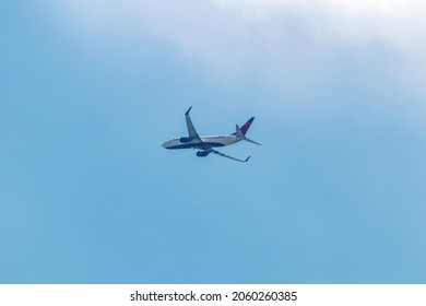 Miami, Florida, USA - September 25th, 2021 - Delta Airlines Boeing 737 On Takeoff From MIA Miami International Airport With Blue Skies And Light Clouds. Possible 777, 767, 747 Not 757 Or Airbus