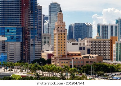 Miami, Florida, USA - September 25th, 2021 - Downtown City Skyscraper Buildings With Focus On Freedom Tower Miami-Dade College Art Museum. Originally Spanish Mediterranean Revival Newspaper Printing