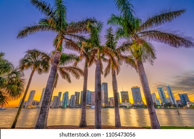 Miami, Florida, USA Skyline On Biscayne Bay At Dusk.