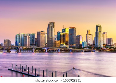 Miami, Florida, USA Skyline On Bisayne Bay At Dusk.