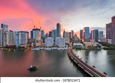 Miami, Florida, USA Skyline Over Biscayne Bay At Dusk.