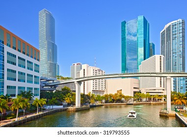 MIami Florida,Panorama of River and skyline of  business buildings in Brickell financial district on a beautiful summer day