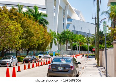 Miami, Florida/USA - April 04, 2020: Miami-Dade County, In Cooperation With The Florida National Guard Has Opened A COVID-19 Coronavirus Testing Center, Drive-through On The West Side Of Marlins Park.