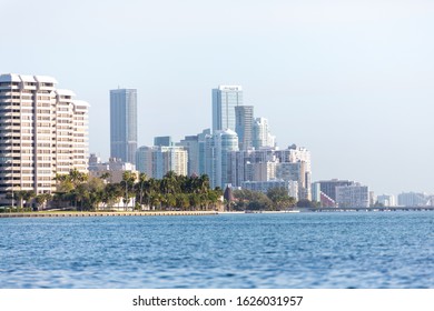 Miami, Florida/USA - January 25, 2020: Miami Coast Line At Early Morning. Downtown Miami Skyline At The Morning View From Water.