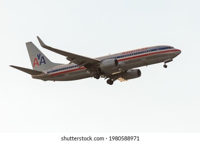 Miami, FL-USA-May 18, 2021: An American Airlines Boeing 737 Aircraft With Classic Paint Job Arriving At Miami International Airport.