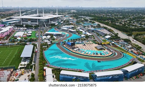 Miami Gardens, FL, USA. 3rd May 2022. Aerial view on F1 Circuit and Hard Rock Stadium, almost ready for Formula 1 Crypto.com Miami Grand Prix Weekend on May 6-8 2022.