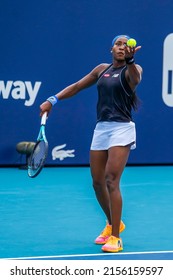 MIAMI GARDENS, FLORIDA - APRIL 1, 2022: Professional tennis player  Coco Gauff of USA in action during her semifinal women's doubles match at 2022 Miami Open at the Hard Rock Stadium in Miami Gardens
