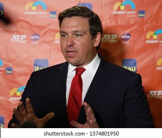 MIAMI GARDENS, FLORIDA - MARCH 27, 2019:  Florida Governor Ron DeSantis Visits 2019 Miami Open At The Hard Rock Stadium In Miami Gardens, Florida