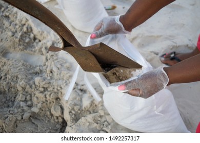 Miami Gardens, Florida/ USA- August 30, 2019 Sand Is Shoveled Into A Free Sandbag Provided By The City Of Miami Garden In Preparation For Hurricane Dorian.