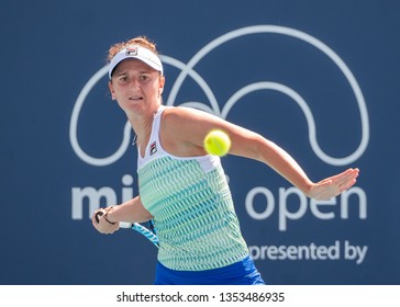 Miami Gardens, Florida / USA - March 21 2019: Irina Camelia Begu Of Romania Returns A Point At The Miami Open Presented By Itau At Hard Rock Stadium March 21, 2019 In Miami, Gardens Florida