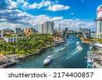 Miami River Water Open Brickell Avenue Bridge Buildings Downtown Riverwalk Yachts Restaurants Miami Florida