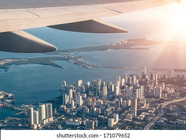 Miami Skyline From The Airplane - Aerial View