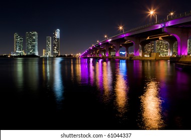 Miami Skyline Along The MacArthur Causeway Bridge.