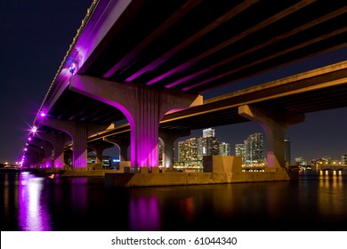 Miami Skyline Along The MacArthur Causeway Bridge.