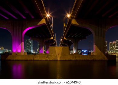 Miami Skyline Along The MacArthur Causeway Bridge.