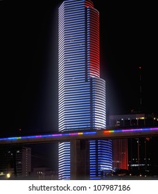 Miami Skyline By Night, Centrust Building And Metro Rail, Miami, Florida