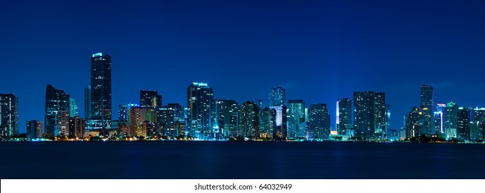 Miami Skyline At Night - Panoramic Image