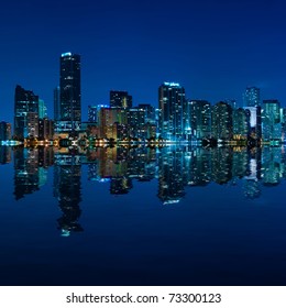 Miami Skyline At Night - Panoramic Image