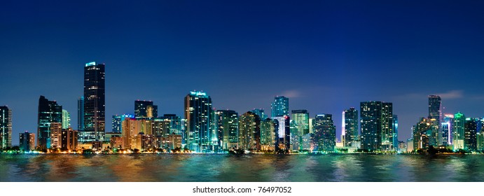 Miami Skyline At Night - Panoramic Image